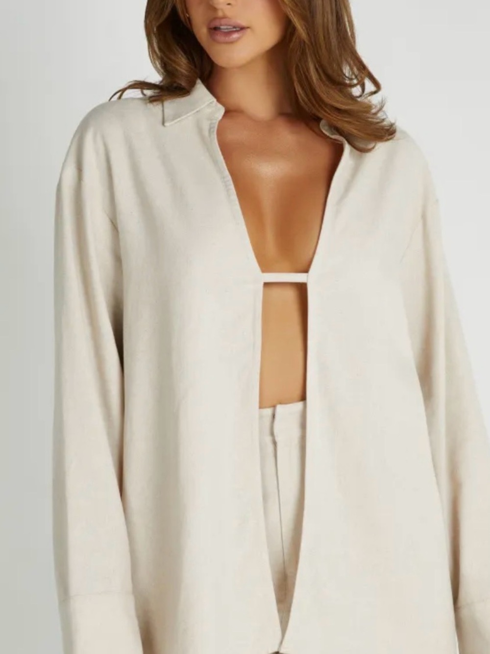 Meshki Linen Blend Oversized Collared Shirt – Beige, Size Small